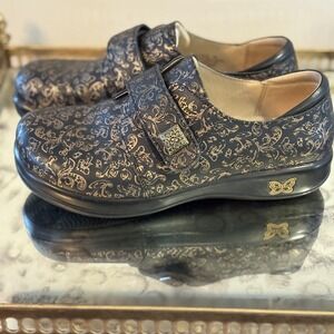 Alegria‎ Joleen Shoes Womens Size 8 8.5 Black Gold Filigree Leather JOL-7572